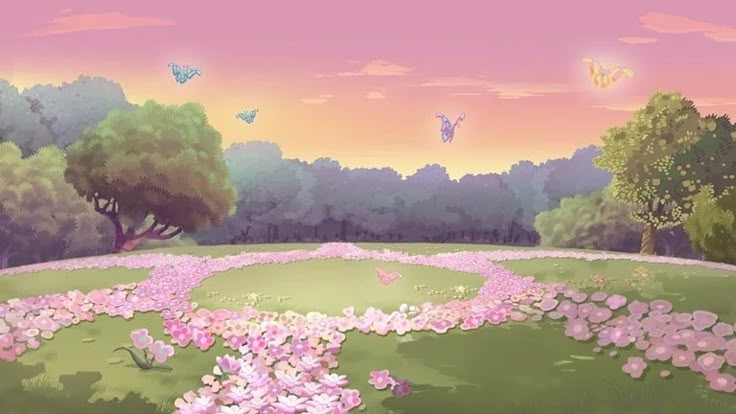 a painting of pink flowers and trees in a field with butterflies flying over the grass