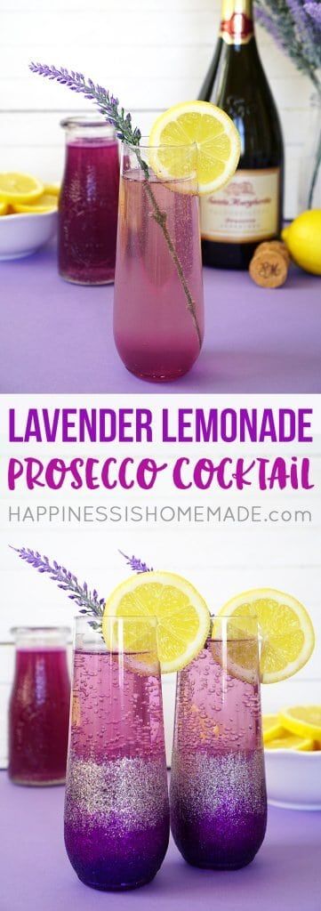 lavender lemonade and prosciuco cocktail in glasses on a purple tablecloth