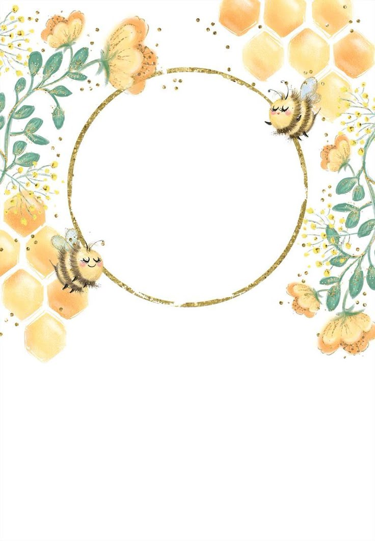 a watercolor painting of bees and flowers with a circle in the middle that says honey