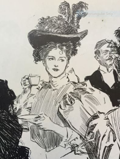 black and white drawing of people in hats drinking tea at an outdoor cafe or restaurant