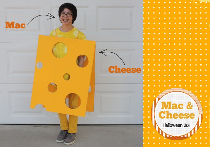 a young boy is holding up a cheese cutout costume for halloween and has the words mac & cheese on it