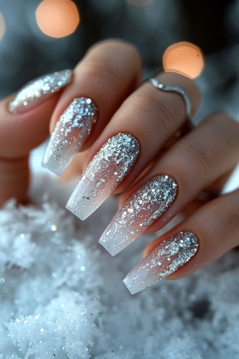 Nails White Silver Glitter, Long Acrylic Nails Coffin Glitter Sparkle, Waterfall Nail Designs Glitter, Platinum Nails Acrylic, White Nail Art Designs Glitter, Silver Glitter And White Nails, Milky White And Silver Glitter Nails, White Glitter Acrylics, Fancy Silver Nails