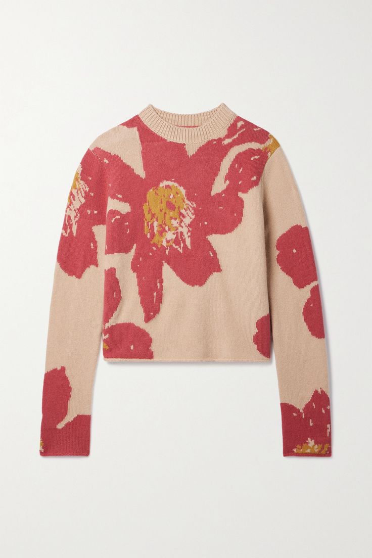 The Elder Statesman's sweater is intarsia-knitted with abstract flowers that appear as though they were drawn by hand. It's made from soft and insulating cashmere and has a ribbed crewneck and cropped, unfinished hem. Floating Florals, Elder Statesman, Hand Painted Yarn, Jacquard Sweater, Sweater Collection, Warm Sweaters, Guilty Pleasures, Abstract Flowers, Tie Dyed