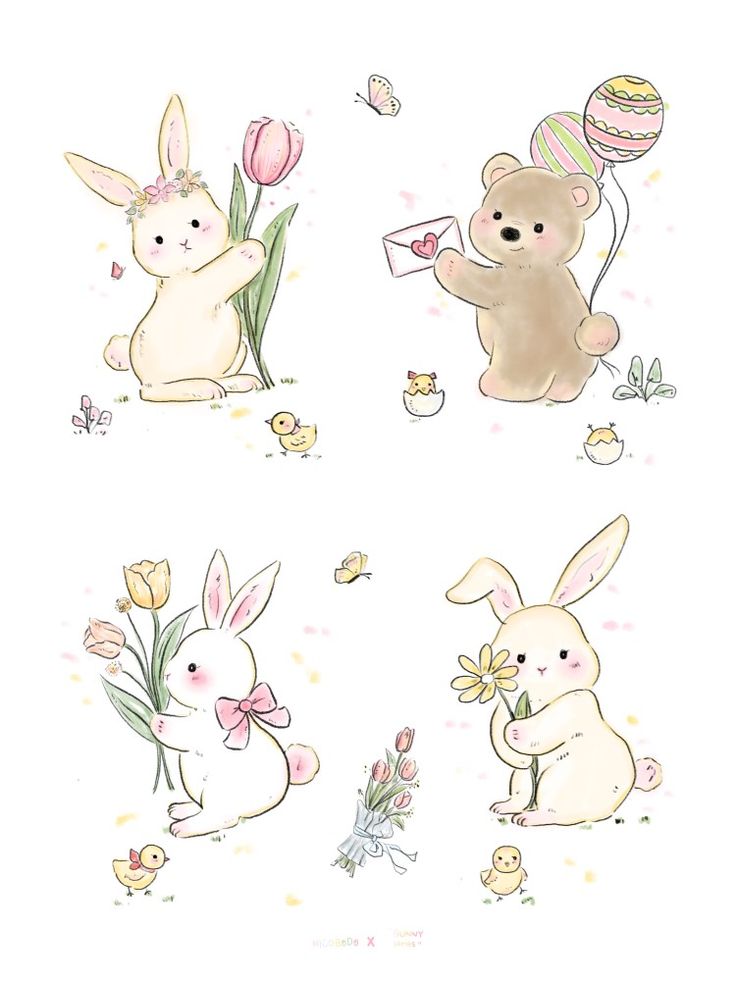 three bunny stickers with flowers and eggs on them