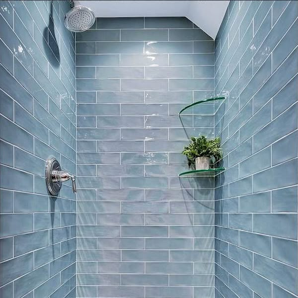 a bathroom with blue tile and a shower head