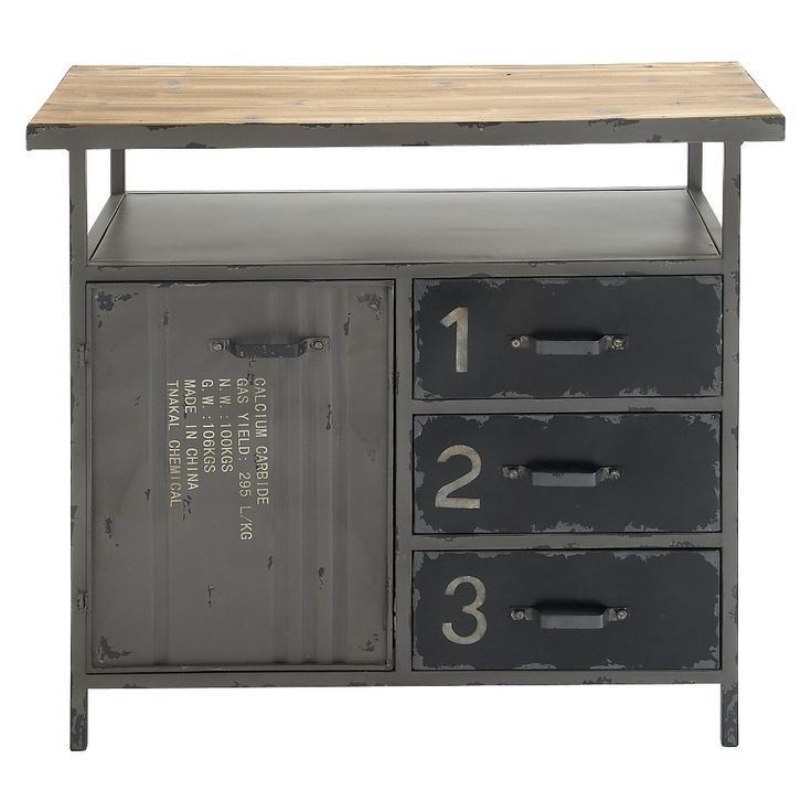 an industrial style sideboard with drawers and numbers on the bottom, one drawer is open