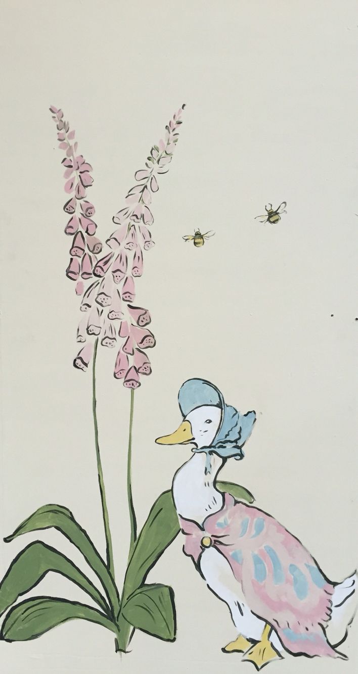 a drawing of a duck and flowers with bees flying around the scene in the background