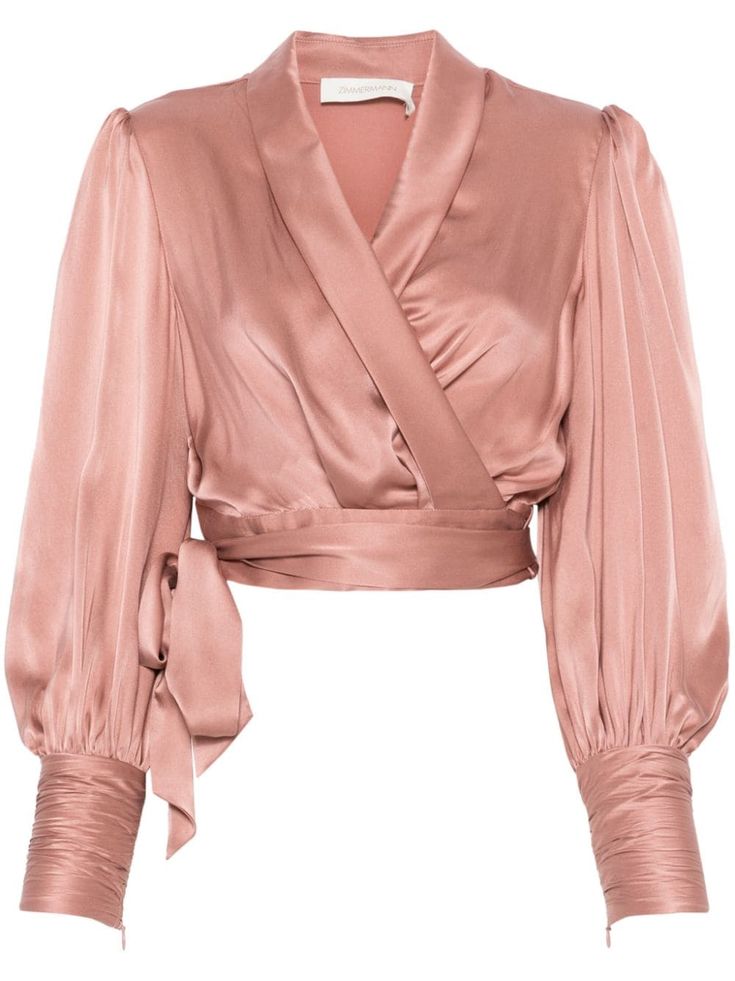 blush pink silk satin finish wrap design self-tie fastening shawl collar plunge style long sleeves with cuff zips straight hem cropped Pink And Brown Outfit, Satin Wrap Top, Silk Wrap Top, Edgy Glam, Winter Sewing, Silk Crop Top, Organza Top, Mens Blazer Jacket, Cocktail Evening Dresses