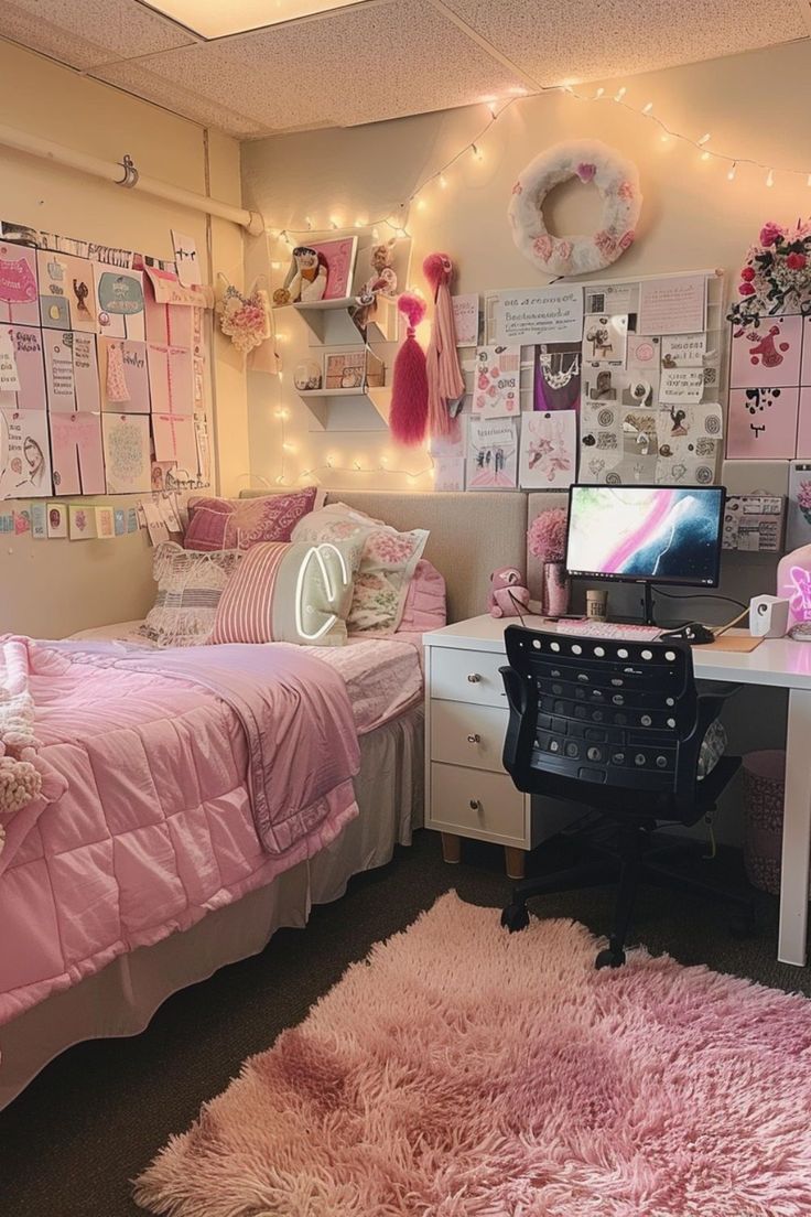 a room with two beds, a computer desk and pink rugs on the floor