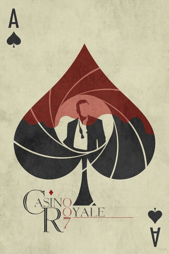 the poster for casino royale shows a man in a suit and tie holding a card