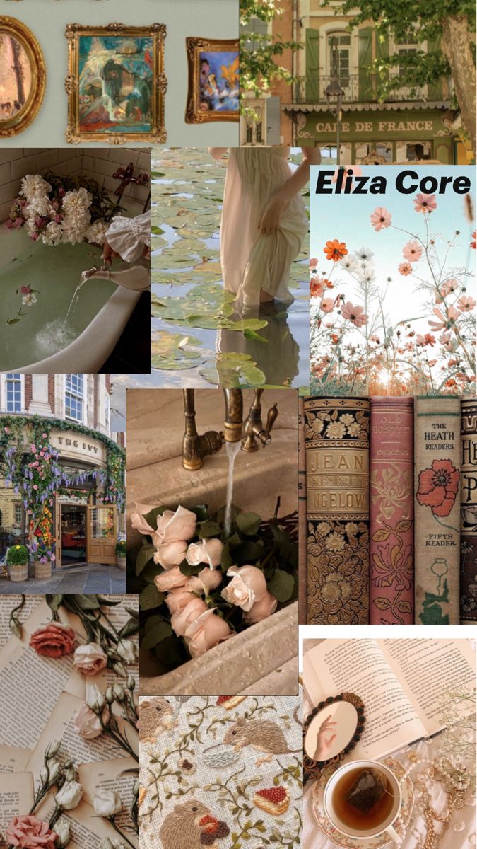 a collage of pictures with flowers, books, and other things in the background