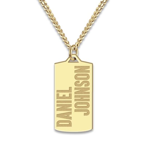 A lustrous high-polish, engravable dog tag pendant hangs handsomely around this stylish men's necklace. Fashioned in yellow gold-plated sterling silver, the 22-inch curb chain secures in place with a lobster clasp. Personalize with 2 lines of text. Line 1 - 18 letter max, Line 2, 8 letter max. Mens Engagement Rings Diamond, Engagement Ring For Him, Dog Tag Pendant, Jared The Galleria Of Jewelry, Gold Pin, Men's Necklace, Dog Tag, Curb Chain, Gold Plated Sterling Silver