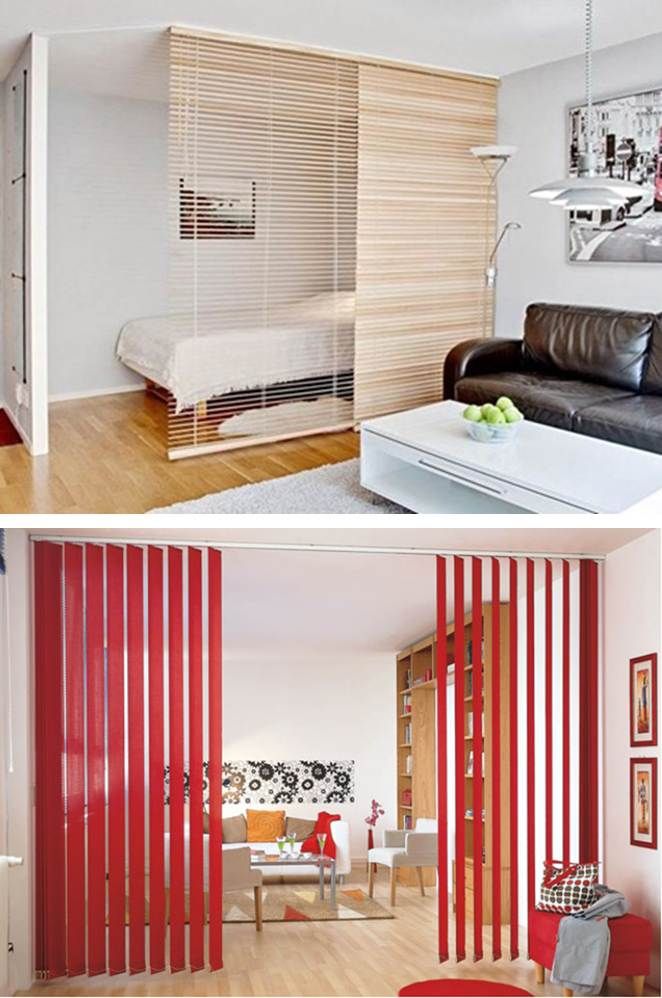 two pictures of the same living room with red and white stripes on the walls, one in