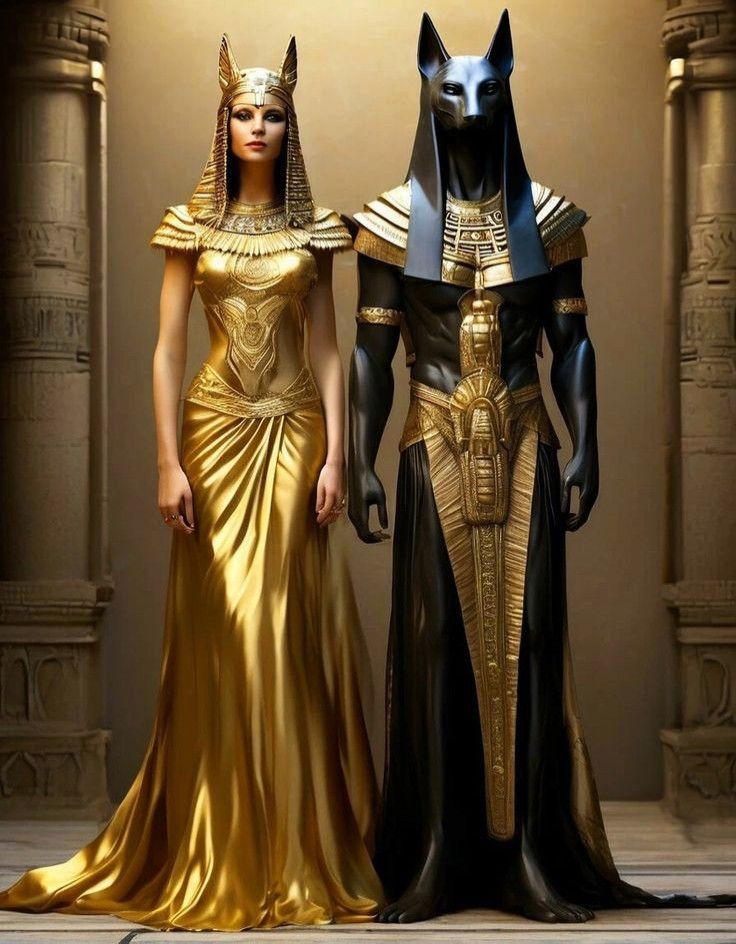 an egyptian couple dressed up as pharaohs and queen tutane, standing next to each other