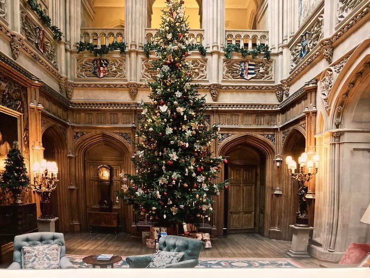 a christmas tree in the middle of a large room