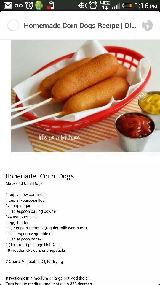 the recipe for homemade corn dogs is shown in this screenshote screen shot, with instructions on how to make them