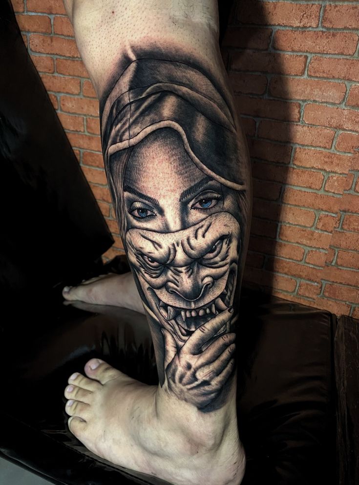 a person with a scary mask on their leg