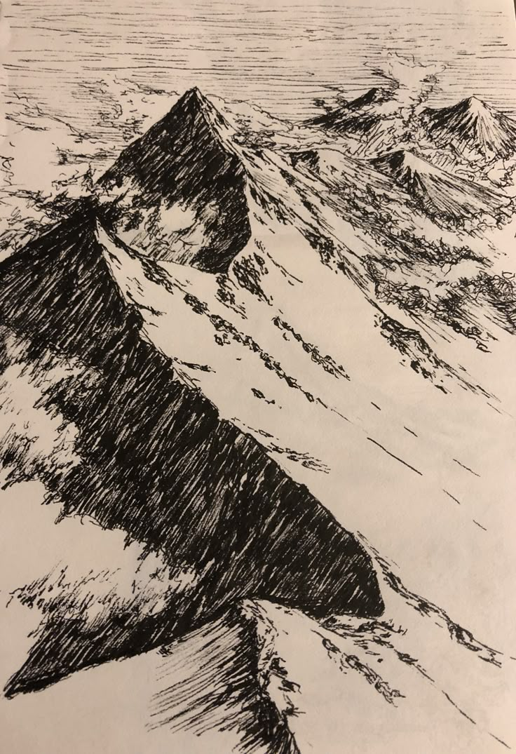 a black and white drawing of mountains in the sky with snow on it's sides