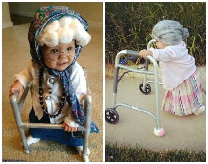 two pictures of an old woman with glasses and a baby doll in a walker, one is wearing a dress and the other has a hat