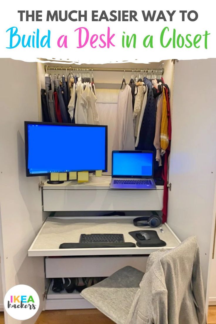 a desk with two computers on it and the words how to build a desk in a closet