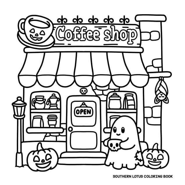 a coffee shop with ghost and pumpkins in front of it coloring pages for kids