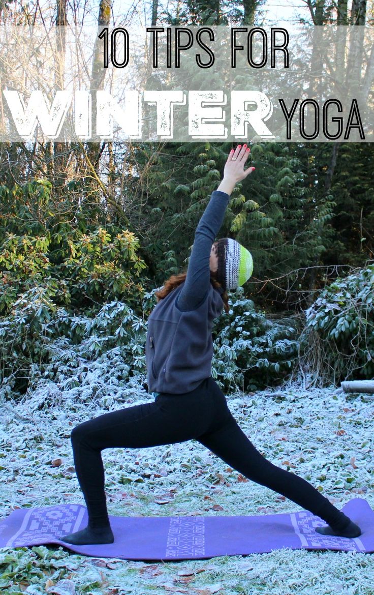 a woman doing yoga in the snow with text overlay that reads 10 tips for winter yoga