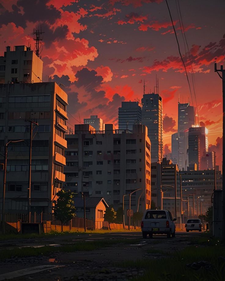 the sun is setting over a city with tall buildings