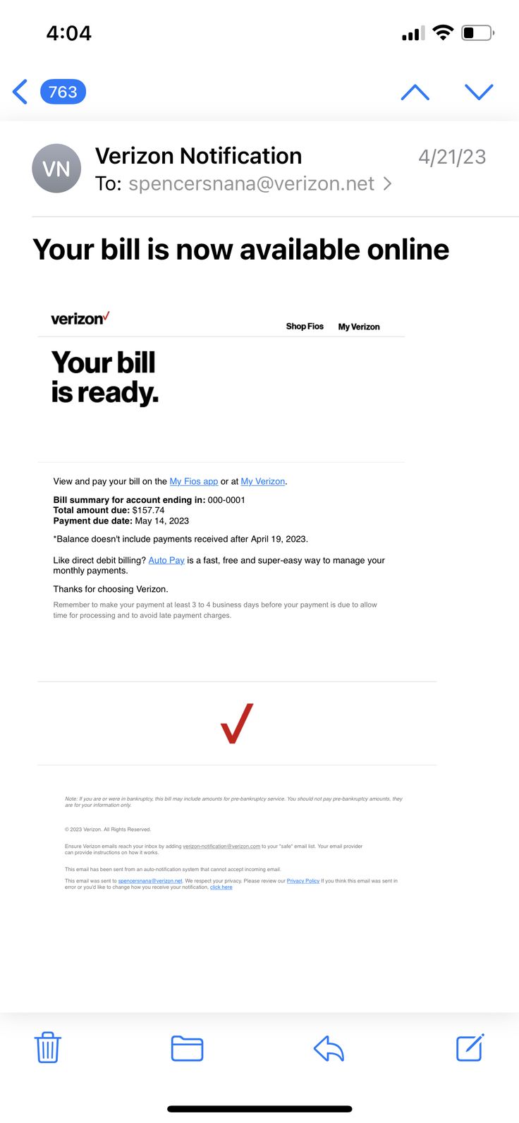 an email message with the text your bill is now available online