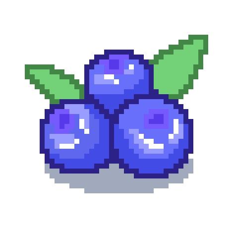 some blueberries with green leaves on them are pixelated in the style of an 8 - bit video game