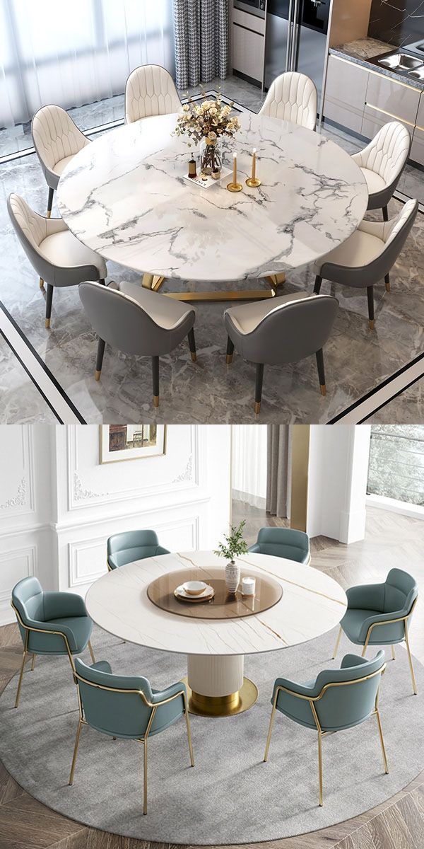 two images show the same dining table and chairs in different rooms, one is white with gold trim