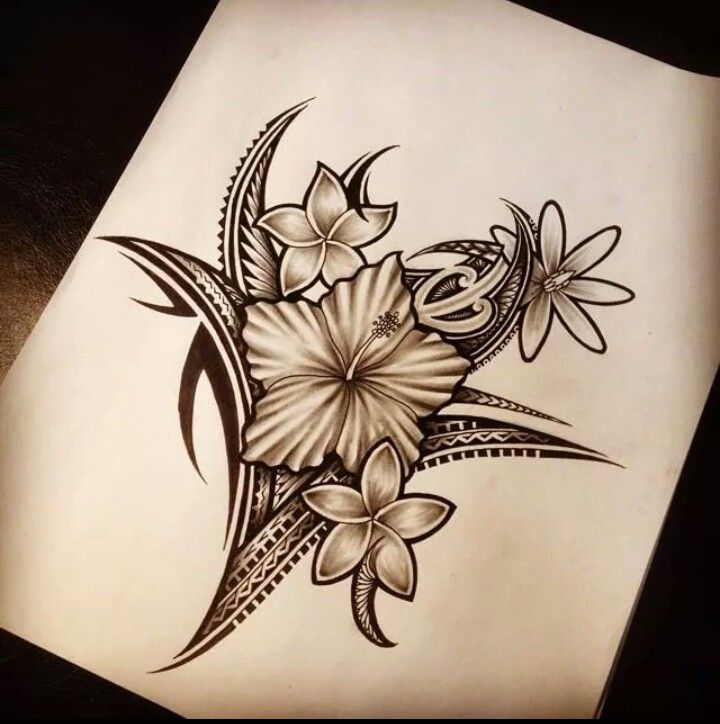 a drawing of flowers and leaves on paper