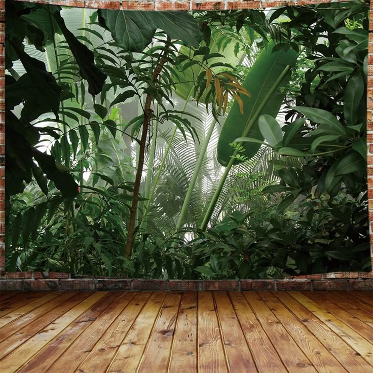 an empty room with wooden floors and large green plants