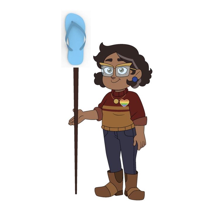 a cartoon character with glasses holding a blue stick and standing next to it's head