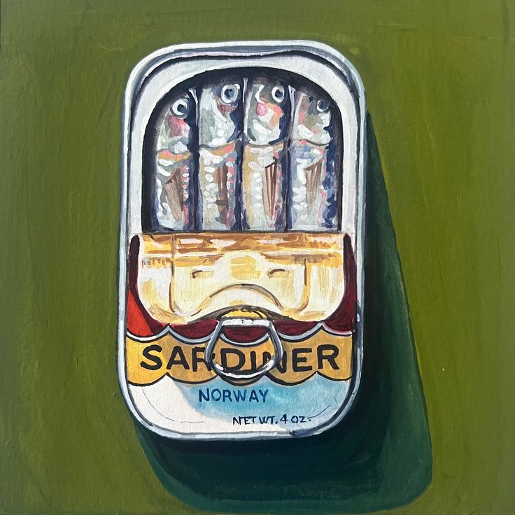 an oil painting of a can of sardiner on a green surface with the words saffuer next to it