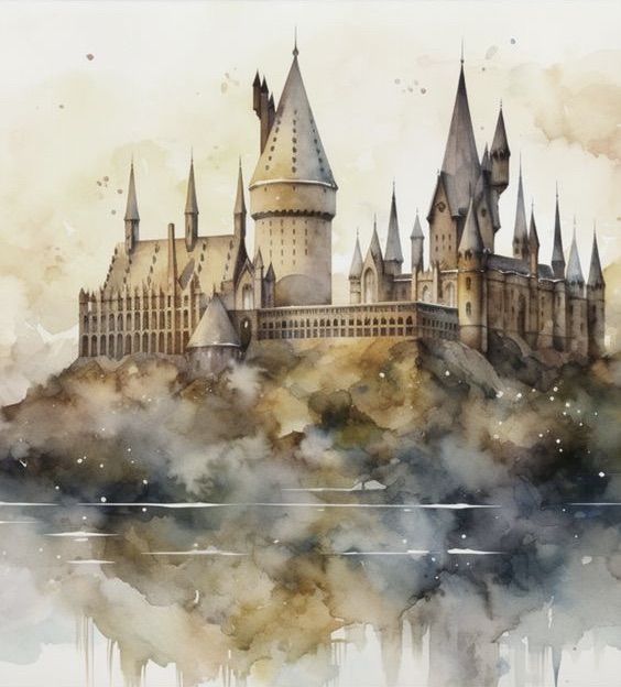 a painting of hogwarts castle on top of a hill with watercolor paints