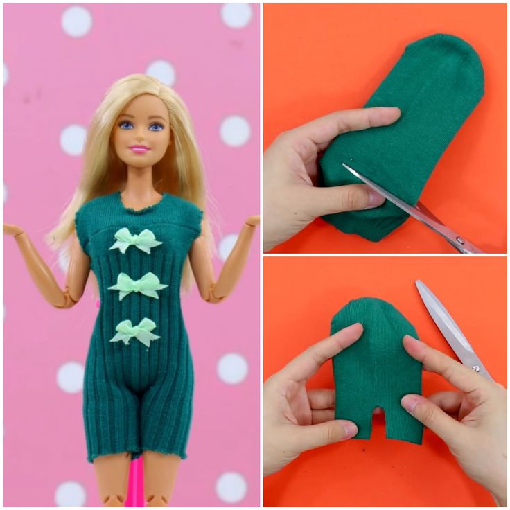 the doll is wearing a green knitted outfit and holding a pair of scissor