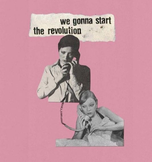 a pink poster with an image of two women on the phone and one man holding a telephone