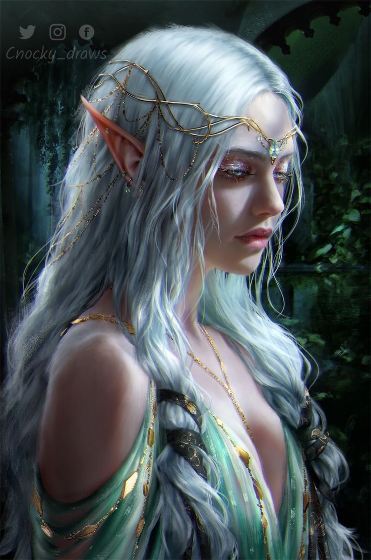 a digital painting of a woman with white hair and silver hair wearing a green dress