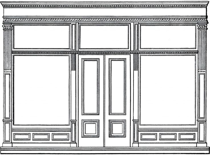 an architectural drawing of a double doored window with glass panels and decorative moldings