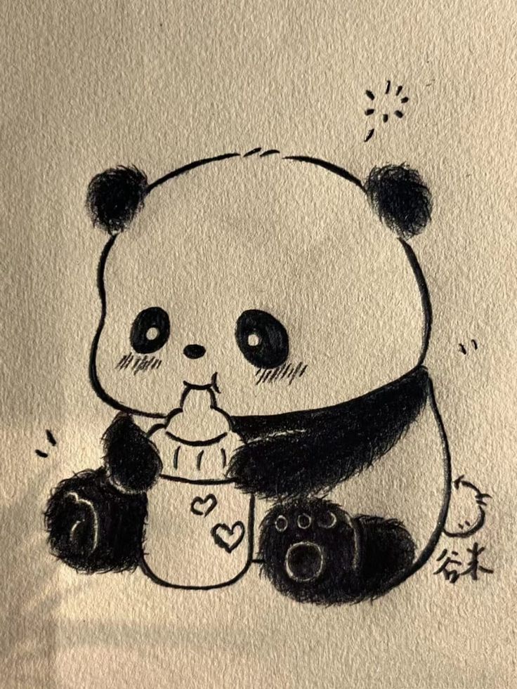 a drawing of a panda bear holding a teddy bear in its paws with hearts on it's chest