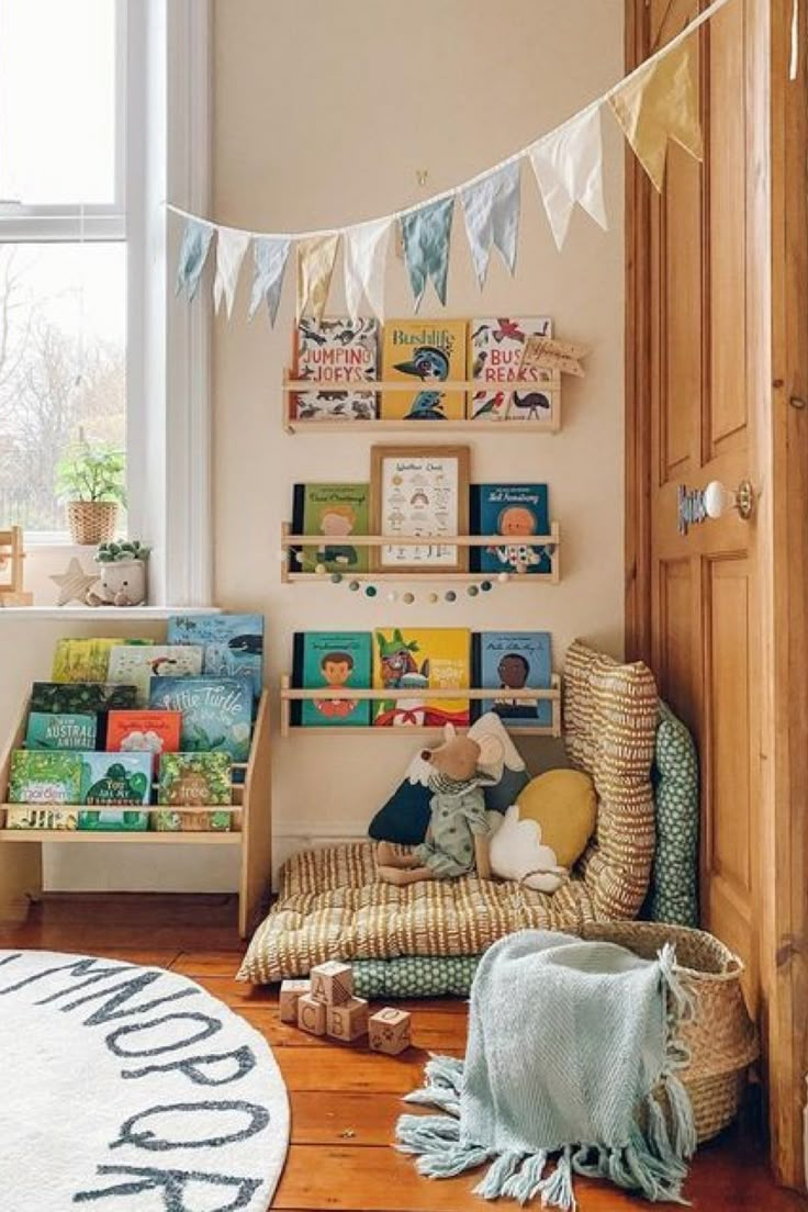 a child's room with bookshelves and toys