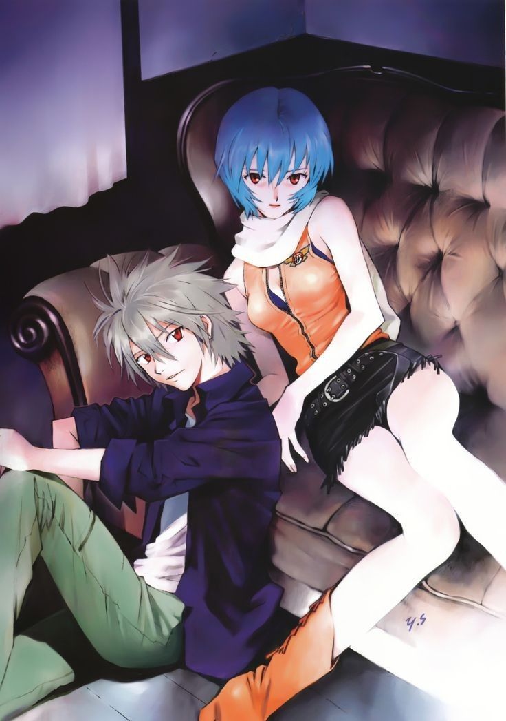 two anime characters sitting on a couch in front of each other with their arms around one another