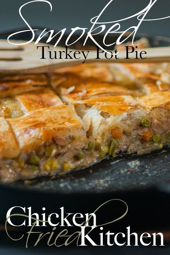 the cover of smoked turkey pot pie, with a fork resting on it's side