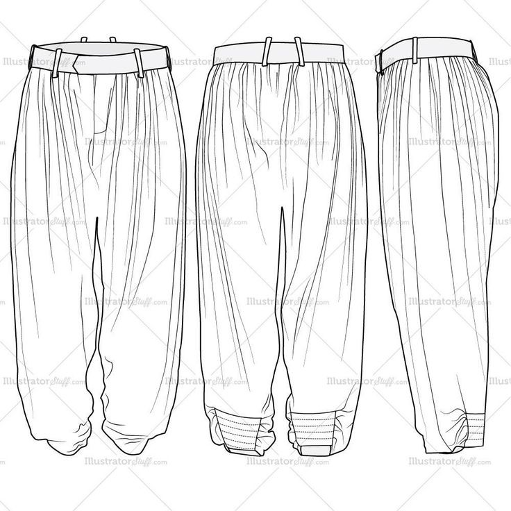 three men's pants with pleaing on the bottom and side, front and back views