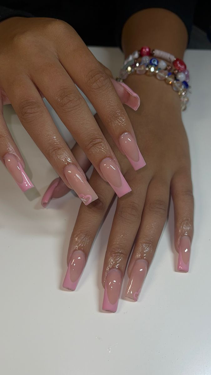 Nails Pink French Coffin Tip Nails, Simple Pink Nails Coffin, French Tips Acrylic Pink, Pink French Tips Design, Pink French Tip With Jewels, White N Pink Nails, Long Pink French Tip Nails Square, Pink Nails With A Initial, Pink Nail Sets With Initial