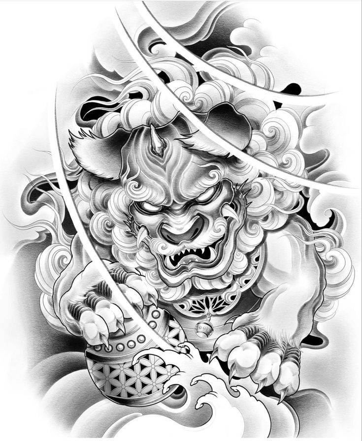 Foo Dog Drawing, Fudog Tattoo Design, Komainu Tattoo, Foodog Tattoo, Dragon Koi Tattoo Design, Tato Irezumi, Tato Geisha, Dog Tattoo Design, Japanese Foo Dog