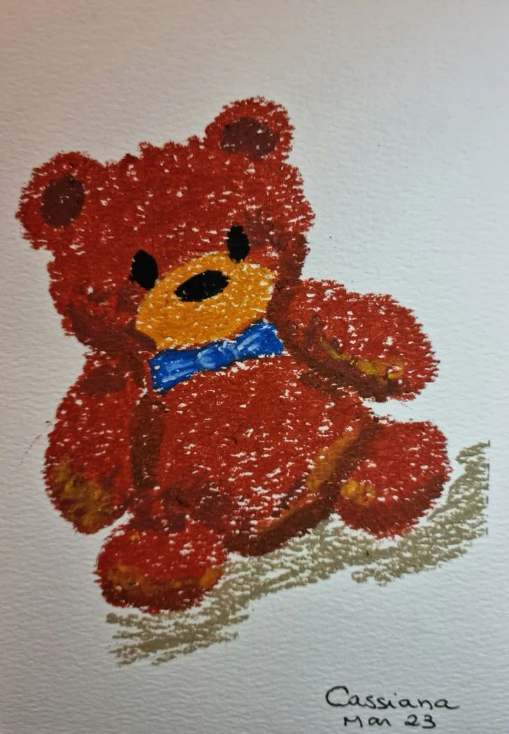 a drawing of a red teddy bear with a blue ribbon