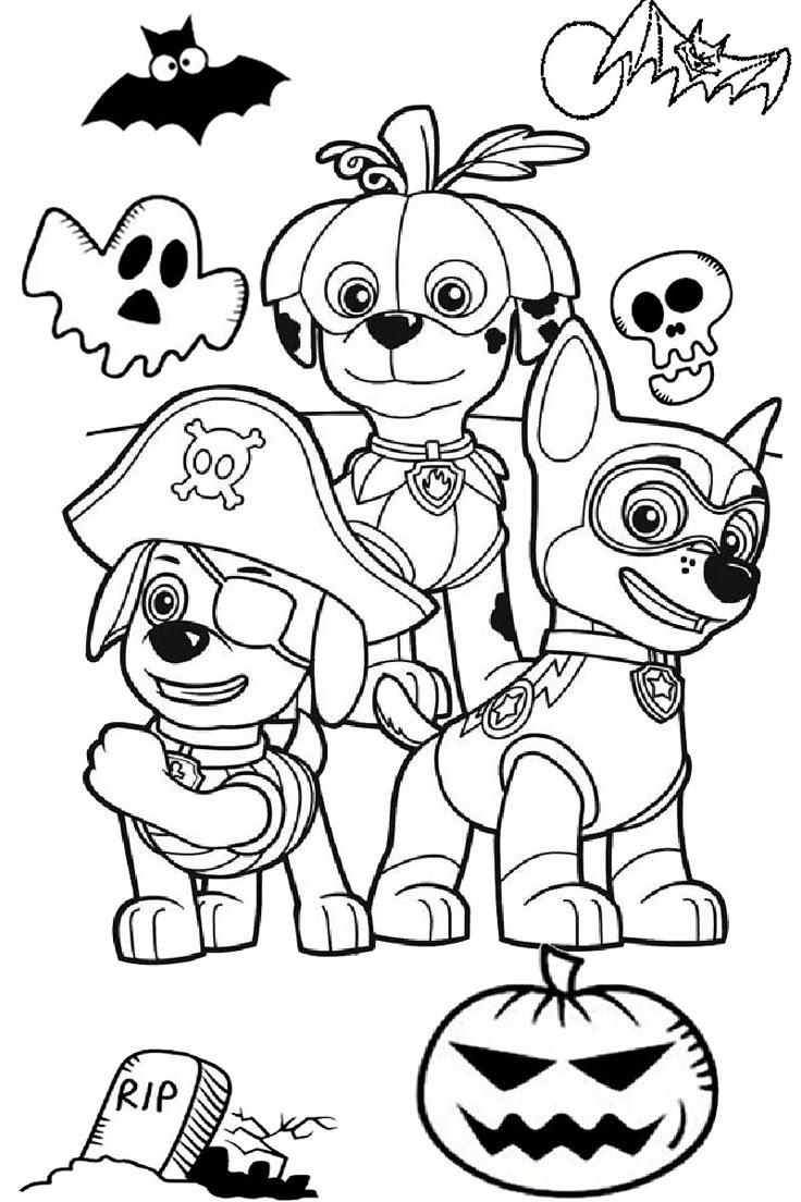 paw patrol halloween coloring pages for kids to print out and color with the characters in their costumes