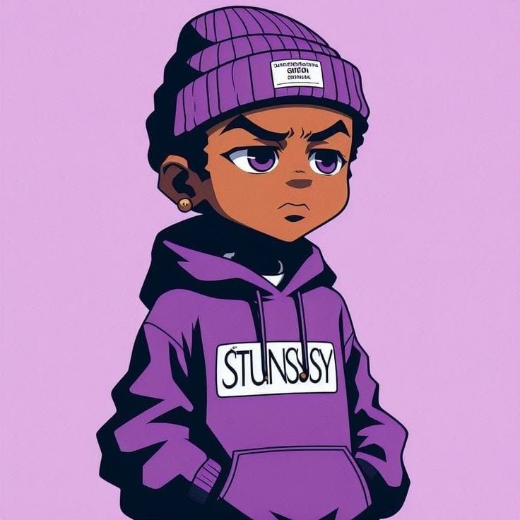 a cartoon character wearing a purple hoodie with the word stussy on it