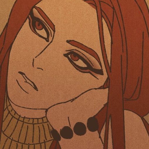 a drawing of a woman with red hair and brown eyes, wearing a choker